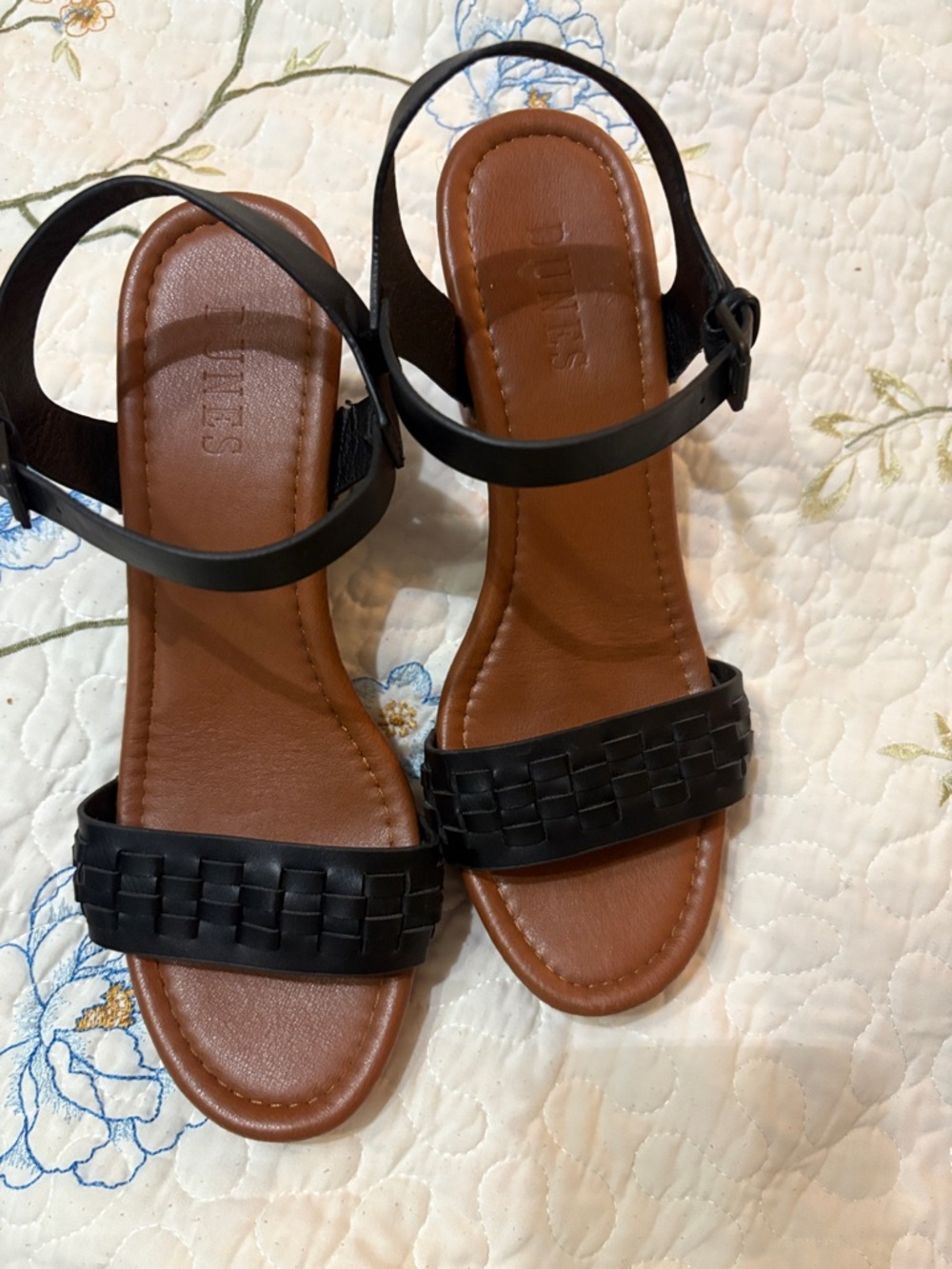 Dunes Woven Black Ankle-Strap Sandals with Brown Footbed 9.5